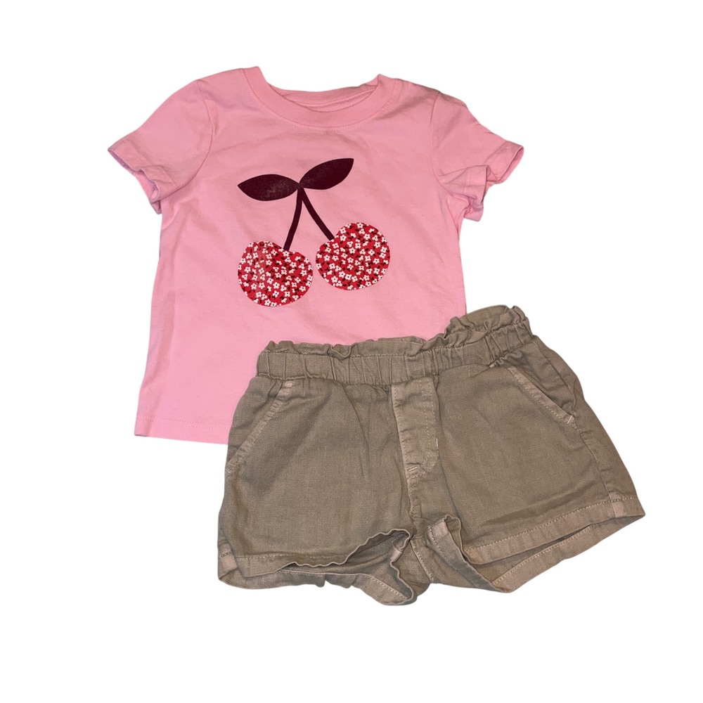 Cat & Jack 2pc Outfit Set Kids 12M Pink Khaki Cherry Graphic Tee Paperbag Shorts